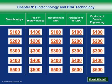 © 2013 Pearson Education, Inc. Chapter 9: Biotechnology and DNA Technology $100 $200 $300 $400 $500 $100$100$100 $200 $300 $400 $500 Biotechnology Tools.