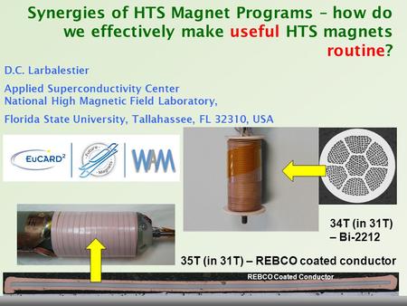 David Larbalestier, WAM-HTS-1, Hamburg Germany May 21-23, 2014 Slide 1 Synergies of HTS Magnet Programs – how do we effectively make useful HTS magnets.