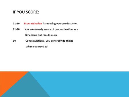 IF YOU SCORE: 21-30 Procrastination is reducing your productivity. 11-20 You are already aware of procrastination as a time issue but can do more. 10 Congratulations,