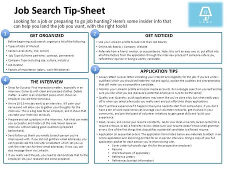 Job Search Tip-Sheet Looking for a job or preparing to go job hunting? Here’s some insider info that can help you land the job you want, with the right.