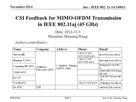 CSI Feedback for MIMO-OFDM Transmission in IEEE aj (45 GHz)