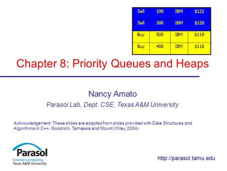 Chapter 8: Priority Queues and Heaps Nancy Amato Parasol Lab, Dept. CSE, Texas A&M University Acknowledgement: These slides are adapted from slides provided.