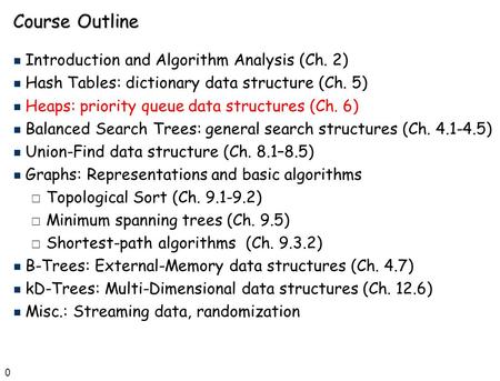 0 Course Outline n Introduction and Algorithm Analysis (Ch. 2) n Hash Tables: dictionary data structure (Ch. 5) n Heaps: priority queue data structures.
