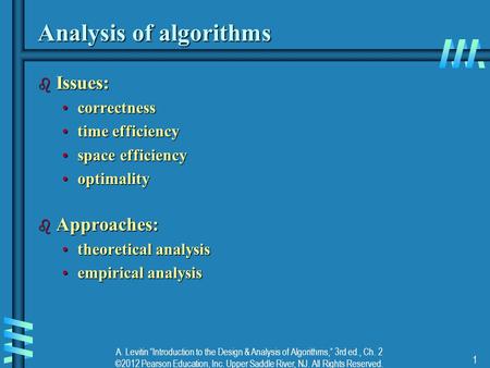 A. Levitin “Introduction to the Design & Analysis of Algorithms,” 3rd ed., Ch. 2 ©2012 Pearson Education, Inc. Upper Saddle River, NJ. All Rights Reserved.
