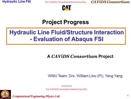 Computational Engineering Physics Lab. CAViDS Consortium Hydraulic Line FSI For CAViDS Consortium Internal Use Only 1 10/02/2014 For CAViDS Consortium.