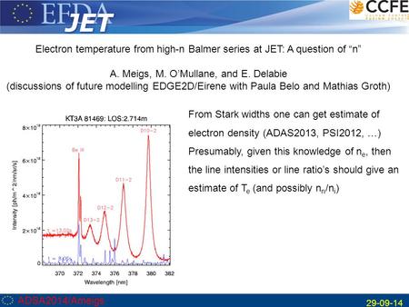 ADSA2014/Ameigs 29-09-14 Electron temperature from high-n Balmer series at JET: A question of “n” A. Meigs, M. O’Mullane, and E. Delabie (discussions of.