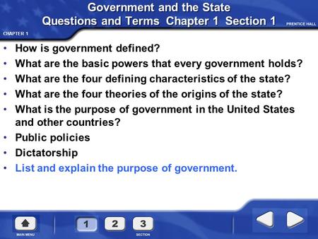 Government and the State Questions and Terms Chapter 1 Section 1