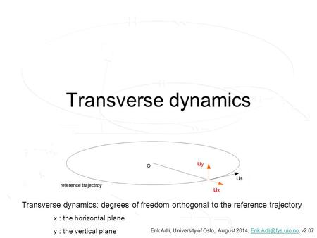 Transverse dynamics Transverse dynamics: degrees of freedom orthogonal to the reference trajectory x : the horizontal plane y : the vertical plane Erik.