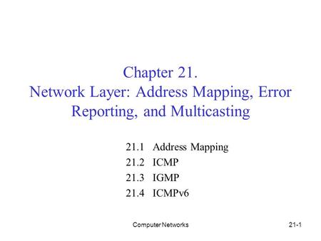 Computer Networks21-1 Chapter 21. Network Layer: Address Mapping, Error Reporting, and Multicasting 21.1 Address Mapping 21.2 ICMP 21.3 IGMP 21.4 ICMPv6.