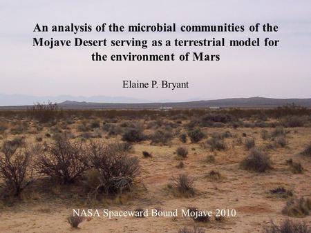 An analysis of the microbial communities of the Mojave Desert serving as a terrestrial model for the environment of Mars Elaine P. Bryant NASA Spaceward.