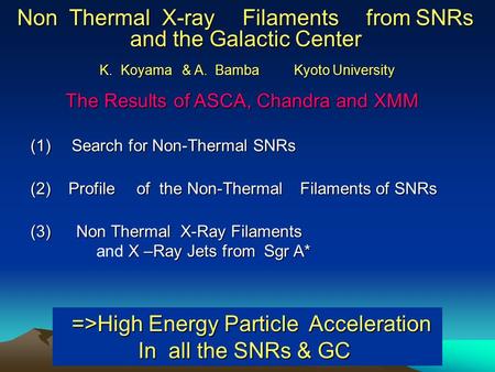 (2) Profile of the Non-Thermal Filaments of SNRs =>High Energy Particle Acceleration =>High Energy Particle Acceleration In all the SNRs & GC Non Thermal.