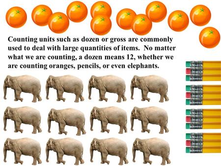 Counting units such as dozen or gross are commonly used to deal with large quantities of items. No matter what we are counting, a dozen means 12, whether.