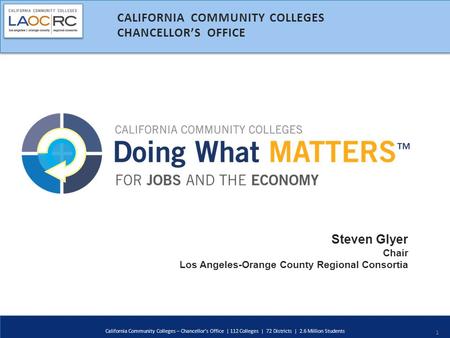 1 Steven Glyer Chair Los Angeles-Orange County Regional Consortia CALIFORNIA COMMUNITY COLLEGES CHANCELLOR’S OFFICE California Community Colleges – Chancellor’s.