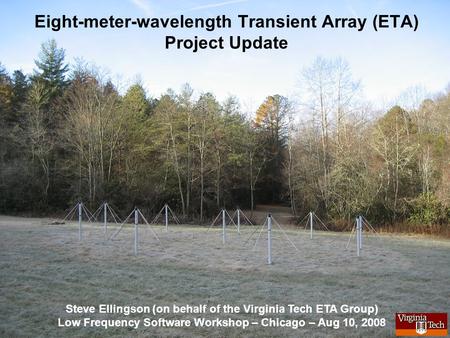 Eight-meter-wavelength Transient Array (ETA) Project Update Steve Ellingson (on behalf of the Virginia Tech ETA Group) Low Frequency Software Workshop.