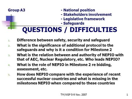 TM/WSP 5-9 Nov. 20071 Group A3- National position - Stakeholders involvement - Legislative framework - Safeguards QUESTIONS / DIFFICULTIES 1. Difference.