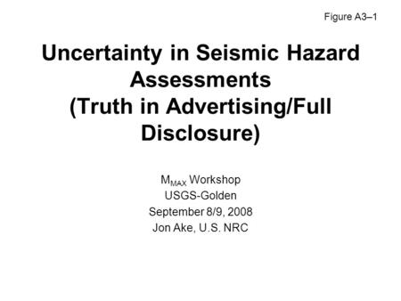 Uncertainty in Seismic Hazard Assessments (Truth in Advertising/Full Disclosure) M MAX Workshop USGS-Golden September 8/9, 2008 Jon Ake, U.S. NRC Figure.