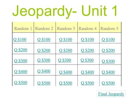 Jeopardy- Unit 1 Random 1Random 2Random 3Random 4 Random 5 Q $100 Q $200 Q $300 Q $400 Q $500 Q $100 Q $200 Q $300 Q $400 Q $500 Final Jeopardy.