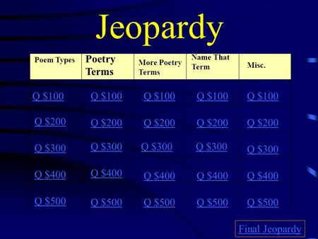 Jeopardy Poetry Terms Misc. Q $100 Q $100 Q $100 Q $100 Q $100 Q $200