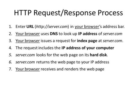 HTTP Request/Response Process 1.Enter URL (http://server.com) in your browser’s address bar. 2.Your browser uses DNS to look up IP address of server.com.