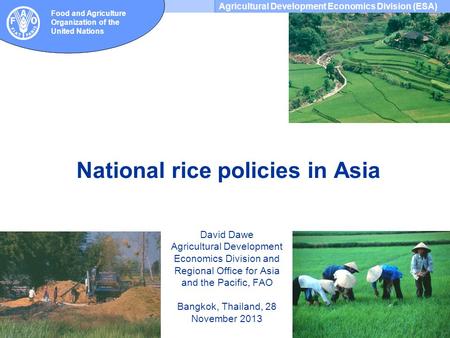 Agricultural Development Economics Division (ESA) Food and Agriculture Organization of the United Nations National rice policies in Asia David Dawe Agricultural.