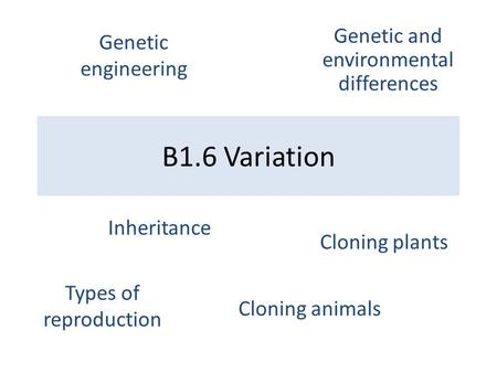 B1.6 Variation Inheritance Cloning plants Types of reproduction Genetic and environmental differences Genetic engineering Cloning animals.