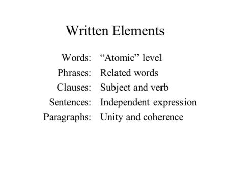 Written Elements Words: Phrases: Clauses: Sentences: Paragraphs: “Atomic” level Related words Subject and verb Independent expression Unity and coherence.