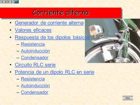 Presentación por José Quiles Hoyo Corriente alterna Generador de corriente alterna Valores eficaces Respuesta de los dipolos básicos –ResistenciaResistencia.