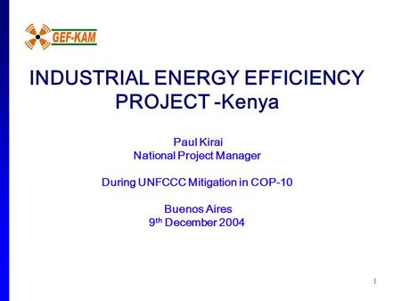 1 INDUSTRIAL ENERGY EFFICIENCY PROJECT -Kenya Paul Kirai National Project Manager During UNFCCC Mitigation in COP-10 Buenos Aires 9 th December 2004.