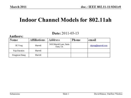 Doc.: IEEE 802.11-11/0361r0 Submission March 2011 David Halasz, OakTree WirelessSlide 1 Indoor Channel Models for 802.11ah Date: 2011-03-13 Authors: