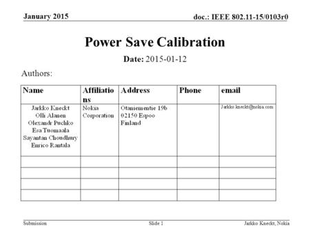 Submission doc.: IEEE 802.11-15/0103r0 January 2015 Jarkko Kneckt, NokiaSlide 1 Power Save Calibration Date: 2015-01-12 Authors: