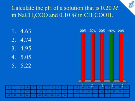 Calculate the pH of a solution that is 0.20 M in NaCH 3 COO and 0.10 M in CH 3 COOH. 1234567891011121314151617181920 2122232425262728293031323334353637383940.