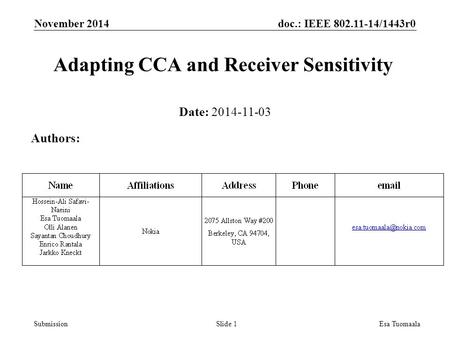 Doc.: IEEE 802.11-14/1443r0 SubmissionEsa Tuomaala Adapting CCA and Receiver Sensitivity Date: 2014-11-03 Authors: Slide 1 November 2014.