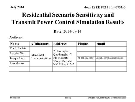 Submission doc.: IEEE 802.11-14/0833r0 July 2014 Pengfei Xia, Interdigital CommunicationsSlide 1 Residential Scenario Sensitivity and Transmit Power Control.