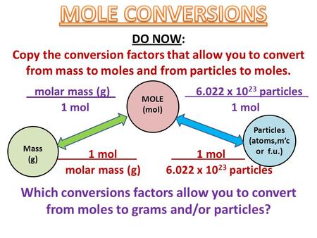 MOLE (mol)‏ Mass (g)‏ Particles (atoms,m’c or f.u.) DO NOW: Copy the conversion factors that allow you to convert from mass to moles and from particles.