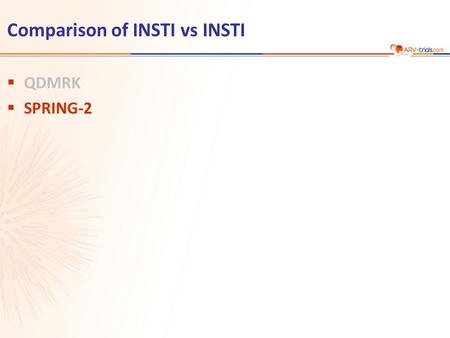 Comparison of INSTI vs INSTI  QDMRK  SPRING-2. Raffi F. Lancet 2013;381:735-43  Design  Objective –Non inferiority of DTG at W48: % HIV RNA < 50 c/mL.