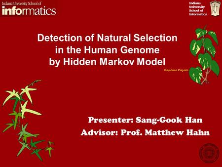 Indiana University School of Informatics Detection of Natural Selection in the Human Genome by Hidden Markov Model Presenter: Sang-Gook Han Advisor: Prof.