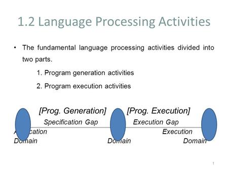 1.2 Language Processing Activities The fundamental language processing activities divided into two parts. 1. Program generation activities 2. Program execution.