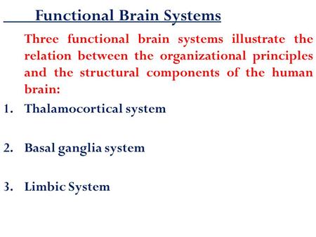 Functional Brain Systems Three functional brain systems illustrate the relation between the organizational principles and the structural components of.