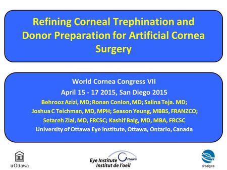 Refining Corneal Trephination and Donor Preparation for Artificial Cornea Surgery World Cornea Congress VII April 15 - 17 2015, San Diego 2015 Behrooz.