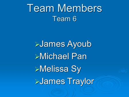 Team Members Team 6  James Ayoub  Michael Pan  Melissa Sy  James Traylor.