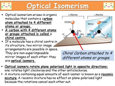 Optical Isomerism  Optical isomers rotate plane polarised light in opposite directions: one rotates light clockwise and the other anticlockwise.  A mixture.