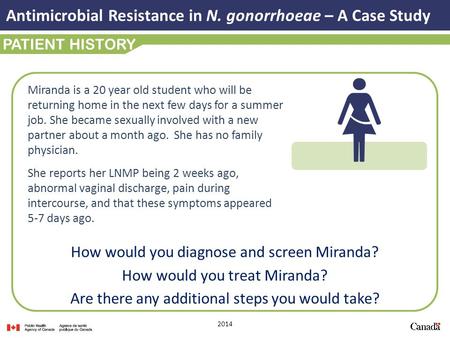 2014 PATIENT HISTORY How would you diagnose and screen Miranda? How would you treat Miranda? Are there any additional steps you would take? Antimicrobial.
