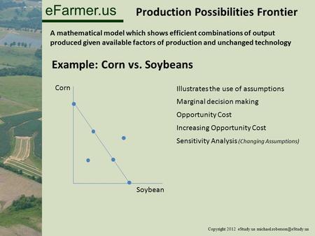 EFarmer.us Example: Corn vs. Soybeans Production Possibilities Frontier A mathematical model which shows efficient combinations of output produced given.