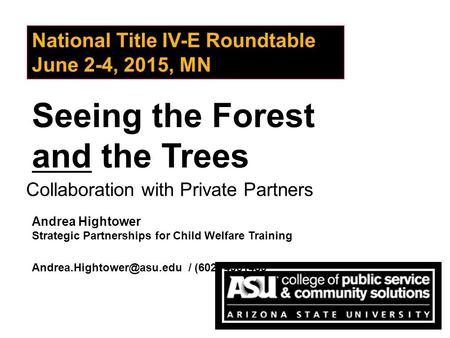Seeing the Forest and the Trees National Title IV-E Roundtable June 2-4, 2015, MN Collaboration with Private Partners Andrea Hightower Strategic Partnerships.