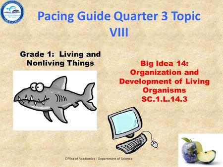 Pacing Guide Quarter 3 Topic VIII Grade 1: Living and Nonliving Things Big Idea 14: Organization and Development of Living Organisms SC.1.L.14.3 Office.