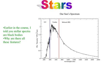 Stars Earlier in the course, I told you stellar spectra are black bodies Why are there all these features?