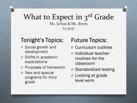 What to Expect in 3 rd Grade Ms. Urban & Ms. Reyes (3-305) Tonight’s Topics: Future Topics: O Social growth and development O Shifts in academic expectations.