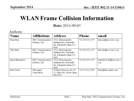 Submission doc.: IEEE 802.11-14/1106r1 September 2014 Peng Shao, NEC Communication Systems, Ltd.Slide 1 WLAN Frame Collision Information Date: 2014-09-05.