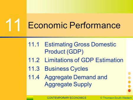 CONTEMPORARY ECONOMICS© Thomson South-Western 11.1 Estimating Gross Domestic Product SLIDE 1 Economic Performance 11 11.1Estimating Gross Domestic Product.