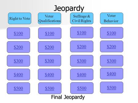 Jeopardy Final Jeopardy $100 $100 $100 $100 $200 $200 $200 $200 $300